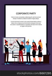 Corporate party, people celebrating success of company in office with whiteboard vector illustration in teambuilding concept with frame and text. Corporate Party Celebrating Vector Illustration