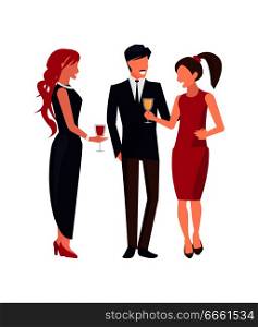 Corporate party people, woman dressed in black dress holding glass and talking to company on vector illustration isolated on white background. Corporate Party People on Vector Illustration
