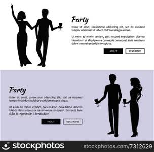 Corporate party posters with men and women dancing and having drinks black silhouettes. Vector illustration with colleagues at disco on white background. Corporate Party Set of Posters Vector Illustration