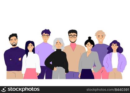 Corporate portrait of office workers and employees flat vector illustration. Cartoon happy business team, colleagues standing together. Staff and professionals concept