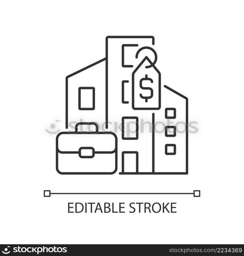Corporate property selling linear icon. Commercial realty sale and purchase. Company office trading. Thin line illustration. Contour symbol. Vector outline drawing. Editable stroke. Arial font used. Corporate property selling linear icon