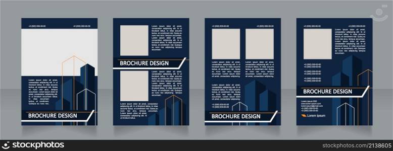 Corporate real estate dark navy blank brochure design. Template set with copy space for text. Premade corporate reports collection. Editable 4 paper pages. Calibri, Arial fonts used. Corporate real estate dark navy blank brochure design