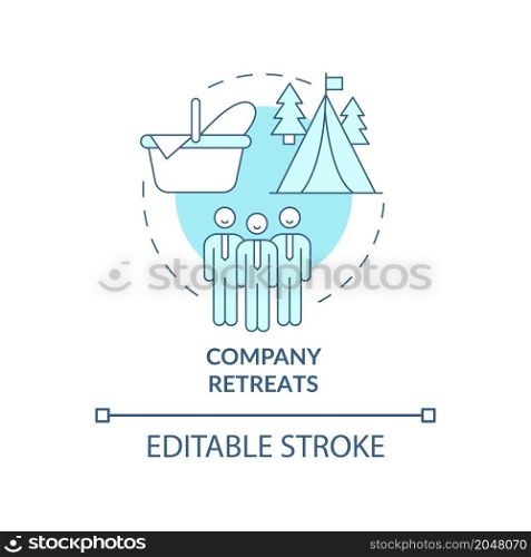 Corporate retreats concept icon. Job getaway. Camping. Outdoor activity abstract idea thin line illustration. Isolated outline drawing. Editable stroke. Roboto-Medium, Myriad Pro-Bold fonts used. Corporate retreats concept icon