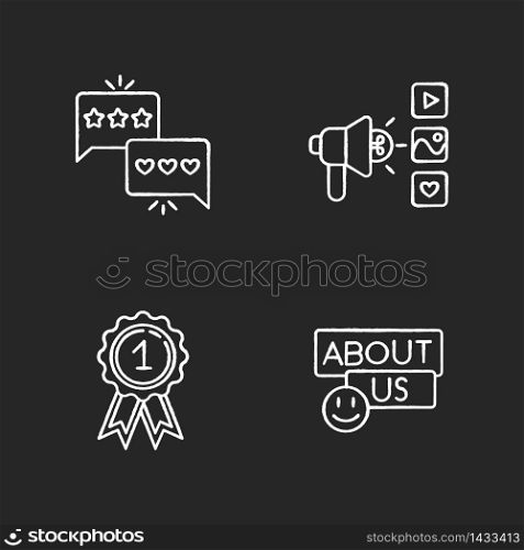 Corporate social media chalk white icons set on black background. Excellent feedback. Good review. Digital campaign. Reward for first place winner. Isolated vector chalkboard illustrations. Corporate social media chalk white icons set on black background