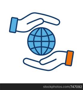 Corporate social responsibility color icon. International relations. Earth protection. Globalization. Impact. Hands holding globe. Isolated vector illustration. Corporate social responsibility color icon