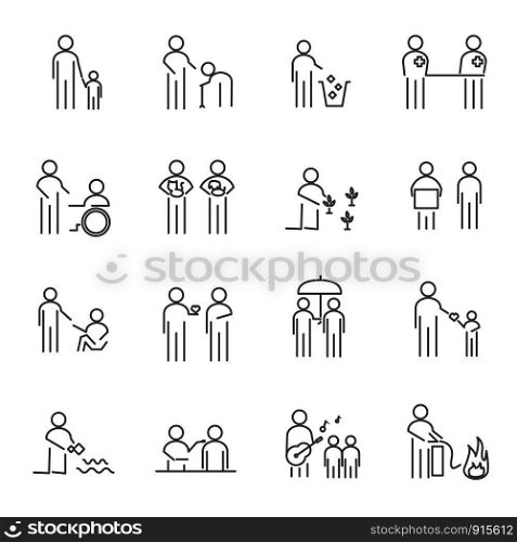 Corporate Social Responsibility people thin line icon set vector. CSR charity project for helping world an people concept. Sign and Symbol theme. White isolated background. Illustration vector.
