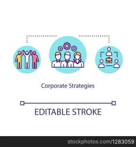 Corporate strategies concept icon. Company core values idea thin line illustration. Teamwork and employee interaction. Team bonding. Vector isolated outline RGB color drawing. Editable stroke