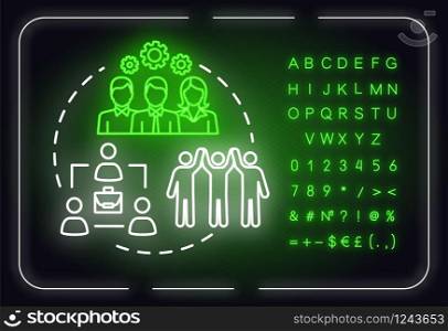Corporate strategies neon light concept icon. Community goal progress. Building company idea. Outer glowing sign with alphabet, numbers and symbols. Vector isolated RGB color illustration
