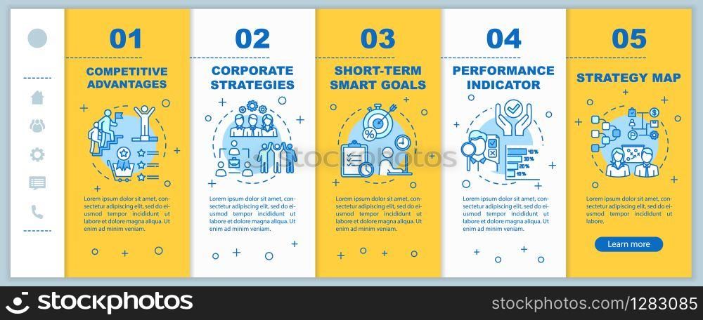 Corporate strategy onboarding vector template. Smart goals. Building business. Performance indicator. Responsive mobile website with icons. Webpage walkthrough step screens. RGB color concept