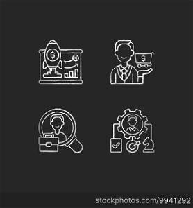 Corporate structure chalk white icons set on black background. Business model. Buying goods and products. Organization workforce. Operations management. Isolated vector chalkboard illustrations. Corporate structure chalk white icons set on black background