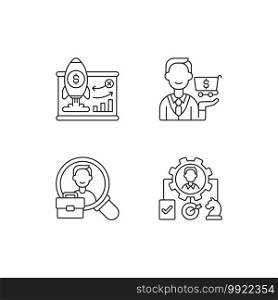 Corporate structure linear icons set. Business model. Buying goods and products. Operations management. Customizable thin line contour symbols. Isolated vector outline illustrations. Editable stroke. Corporate structure linear icons set