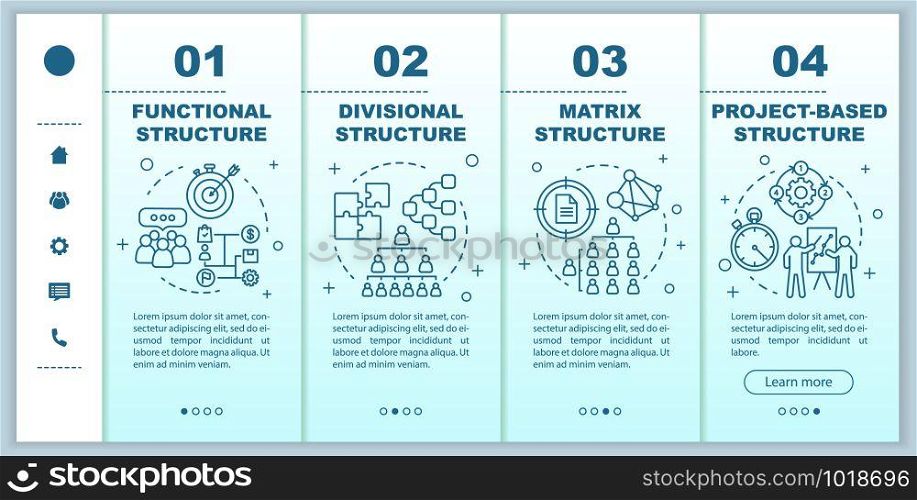 Corporate structure onboarding mobile web pages vector template. Organization hierarchy. Company management. Responsive smartphone website interface with linear icons. Webpage walkthrough step screens