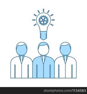Corporate Team Finding New Idea Icon. Thin Line With Blue Fill Design. Vector Illustration.