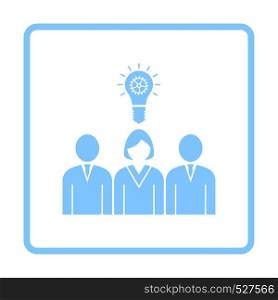 Corporate Team Finding New Idea With Woman Leader Icon. Blue Frame Design. Vector Illustration.