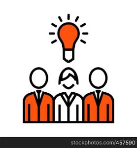 Corporate Team Finding New Idea With Woman Leader Icon. Thin Line With Orange Fill Design. Vector Illustration.
