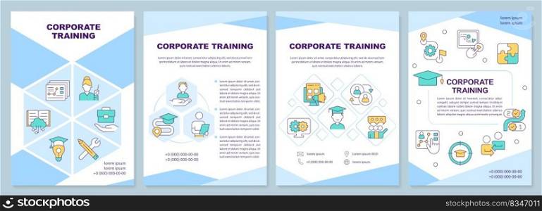 Corporate training blue brochure template. E learning. Leaflet design with linear icons. Editable 4 vector layouts for presentation, annual reports. Arial-Black, Myriad Pro-Regular fonts used. Corporate training blue brochure template