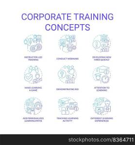 Corporate training blue gradient concept icons set. Development in workplace idea thin line color illustrations. Conduct webinars. Isolated symbols. Roboto-Medium, Myriad Pro-Bold fonts used. Corporate training blue gradient concept icons set