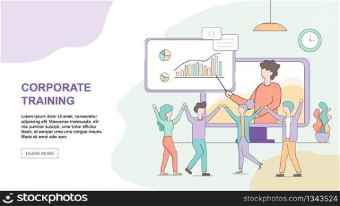 Corporate Training Horizontal Banner with Copy Space. Office People Watching Economic Seminar. Video Conference. Lecturer on Screen Pointing Graph. Online Coach Linear Cartoon Flat Vector Illustration. Video Conference. Lecturer on Screen Point Graphs.