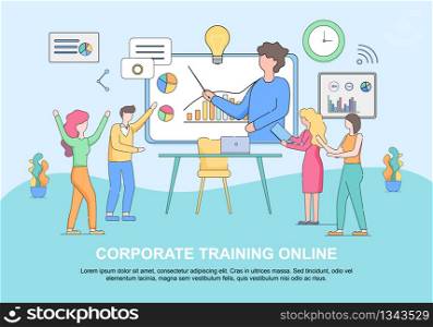 Corporate Training Online Horizontal Banner with Copy Space. Trainer Point Infographics Data on Immence Interactive Screen. Video Conference for Office Managers Linear Cartoon Flat Vector Illustration. Corporate Training Online. Banner with Copy Space.