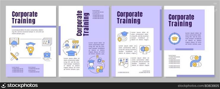 Corporate training program purple brochure template. Distant education. Leaflet design with linear icons. Editable 4 vector layouts for presentation, annual reports. Anton, Lato-Regular fonts used. Corporate training program purple brochure template