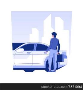Corporate transport isolated concept vector illustration. Employee gets into the corporate car, business etiquette, company rules and benefits, luxury automobile for workers vector concept.. Corporate transport isolated concept vector illustration.
