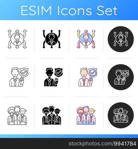 Corporate value icons set. Flexibility in work. Business integrity. Multicultural diversity in workplace. International group. Linear, black and RGB color styles. Isolated vector illustrations. Corporate value icons set