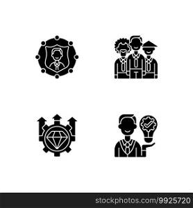 Corporate values black glyph icons set on white space. Employee accountability. Workplace diversity. Excellence, high standards. Ownership focus. Silhouette symbols. Vector isolated illustration. Corporate values black glyph icons set on white space