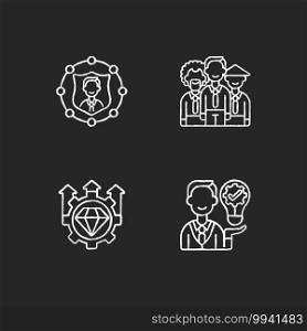 Corporate values chalk white icons set on black background. Employee accountability. Workplace diversity. Excellence, high standards. Ownership focus. Isolated vector chalkboard illustrations. Corporate values chalk white icons set on black background