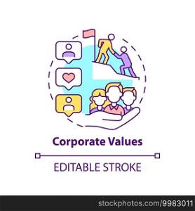 Corporate values concept icon. Worker adaptation elements. Set of guiding principles idea thin line illustration. Common business goal. Vector isolated outline RGB color drawing. Editable stroke. Corporate values concept icon