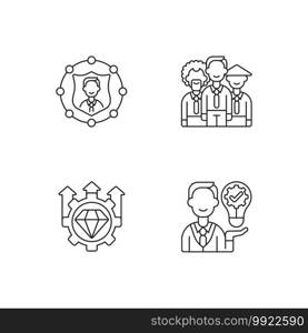 Corporate values linear icons set. Workplace diversity. Excellence, high standards. Ownership focus. Customizable thin line contour symbols. Isolated vector outline illustrations. Editable stroke. Corporate values linear icons set