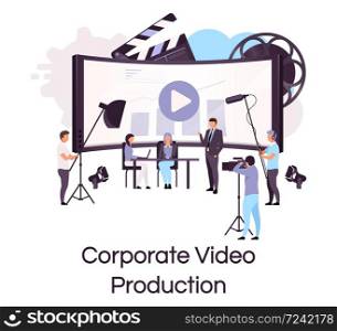 Corporate video production flat concept icon. Mass media and press sticker, clipart. Business conference shooting and broadcasting Isolated cartoon illustration on white background