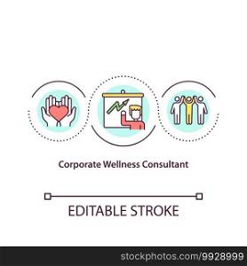 Corporate wellness consultant concept icon. Navigating wellness program development. Health promotions advisor idea thin line illustration. Vector isolated outline RGB color drawing. Editable stroke. Corporate wellness consultant concept icon