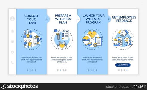 Corporate wellness success tips onboarding vector template. Team consulting. Launching wellbeing program. Responsive mobile website with icons. Webpage walkthrough step screens. RGB color concept. Corporate wellness success tips onboarding vector template