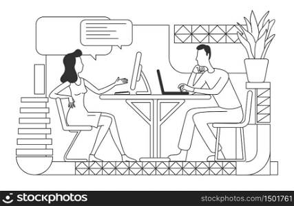 Corporate workers communication thin line vector illustration. Office manager training new employee outline characters on white background. Business people coworking simple style drawing