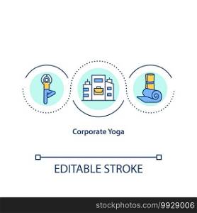 Corporate yoga concept icon. Transform your workplace to reduce stress between employees. Working idea thin line illustration. Vector isolated outline RGB color drawing. Editable stroke. Corporate yoga concept icon