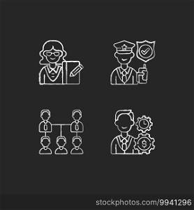 Corporation hierarchy chalk white icons set on black background. Secretary. Service staff. Organic company structure. Finance department. Security guard. Isolated vector chalkboard illustrations. Corporation hierarchy chalk white icons set on black background