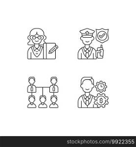 Corporation hierarchy linear icons set. Secretary. Service staff. Organic company structure. Customizable thin line contour symbols. Isolated vector outline illustrations. Editable stroke. Corporation hierarchy linear icons set