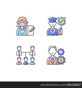 Corporation hierarchy RGB color icons set. Secretary. Service staff. Organic company structure. Finance department. Leadership and personnel. Financial planning. Isolated vector illustrations. Corporation hierarchy RGB color icons set