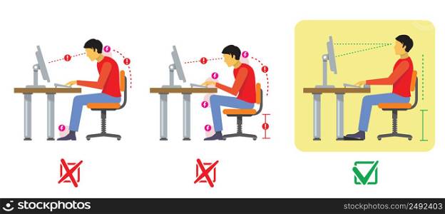 Correct and bad spine sitting posture. Vector diagram in flat style. Correct spine, bad position, correct and bad sit illustration. Correct and bad spine sitting posture. Vector diagram in flat style
