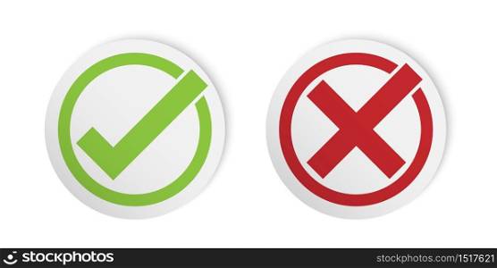 Correct and incorrect sign, check mark sticker style, vector illustration