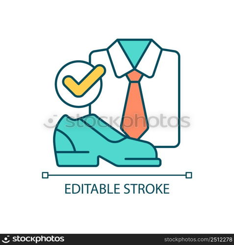 Correct dress code RGB color icon. Classic office suit. Formal occasion and event apparel. Isolated vector illustration. Simple filled line drawing. Editable stroke. Arial font used. Correct dress code RGB color icon