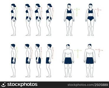 Correct incorrect postures. Good bad posture, wrong body positions. Right corrections person backs. Man woman spine alignment recent vector infographics. Illustration of bad and correct position. Correct incorrect postures. Good bad posture, wrong body positions. Right corrections person backs. Man woman spine alignment recent vector infographics