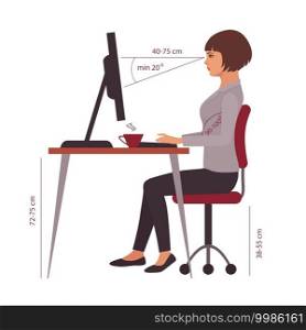  correct sitting position, office desk posture, vector illustration
