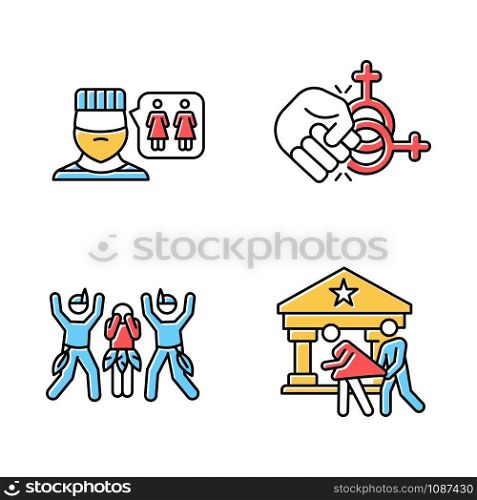 Corrective rape color icons set. Violence and sex assault against LGBTQ women. Homophobic rape of lesbians. Sexual harassment of females. Hate crime. Isolated vector illustrations