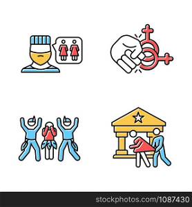 Corrective rape color icons set. Violence and sex assault against LGBTQ women. Homophobic rape of lesbians. Sexual harassment of females. Hate crime. Isolated vector illustrations