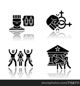 Corrective rape drop shadow black glyph icons set. Violence and sex assault against LGBTQ women. Homophobic rape of lesbians. Sexual harassment of females. Isolated vector illustrations