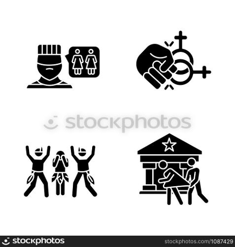 Corrective rape glyph icons set. Silhouette symbols. Violence and sex assault against LGBTQ women. Homophobic rape of lesbians. Sexual harassment of females. Vector isolated illustration