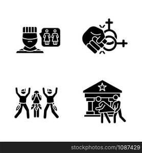 Corrective rape glyph icons set. Silhouette symbols. Violence and sex assault against LGBTQ women. Homophobic rape of lesbians. Sexual harassment of females. Vector isolated illustration