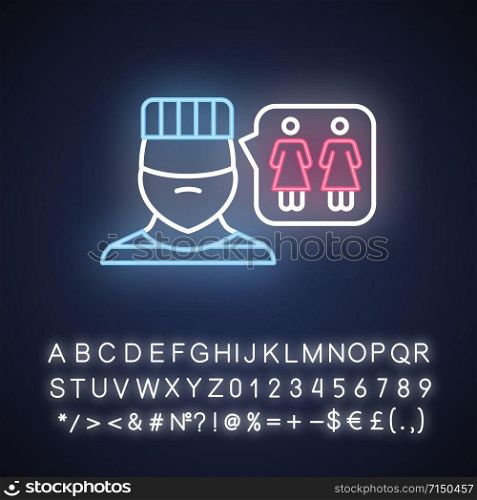 Corrective rape neon light icon. Custodial woman abuse in institutions. Rape as punishment for orientation. Sexual harassment of females. Glowing sign with alphabet. Vector isolated illustration. Corrective rape neon light icon. Custodial woman abuse in institutions. Rape as punishment for gender identity, orientation. Sexual harassment of females. Glowing sign with alphabet, numbers and symbols. Vector isolated illustration