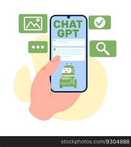 Corresponding with AI chatbots such as Chat GPT using artificial intelligence. Hand hold smartphone with application display, icons on screen. Cartoon flat style isolated illustration. Vector concept. Corresponding with AI chatbots such as Chat GPT using artificial intelligence. Hand hold smartphone with application display, icons on screen. Cartoon flat style isolated vector concept
